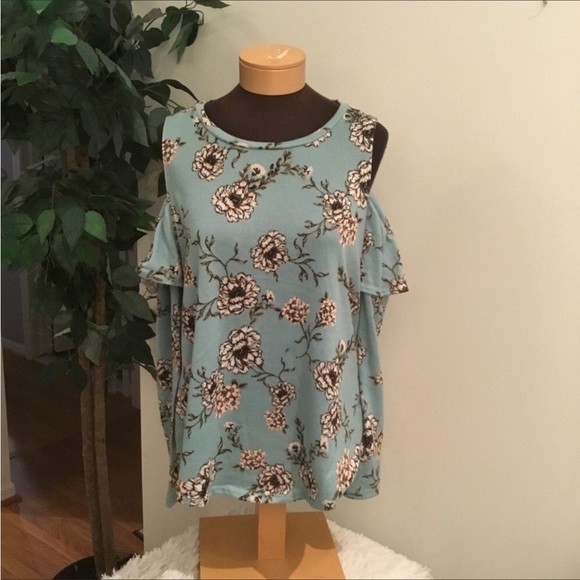 Kristin Nicole cold shoulder top Woman’s XL floral crewneck teal color - Picture 1 of 12